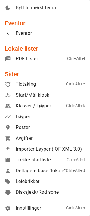 Menyen med delene Eventor, Lokale lister og Sider