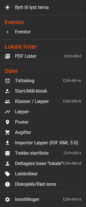 Menyen med delene Eventor, Lokale lister og Sider