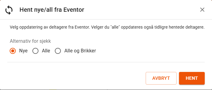 Dialogen Hent nye/all fra Eventor med valgene Nye, Alle og Alle og Brikker