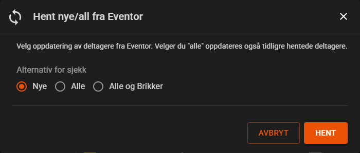 Dialogen Hent nye/all fra Eventor med valgene Nye, Alle og Alle og Brikker